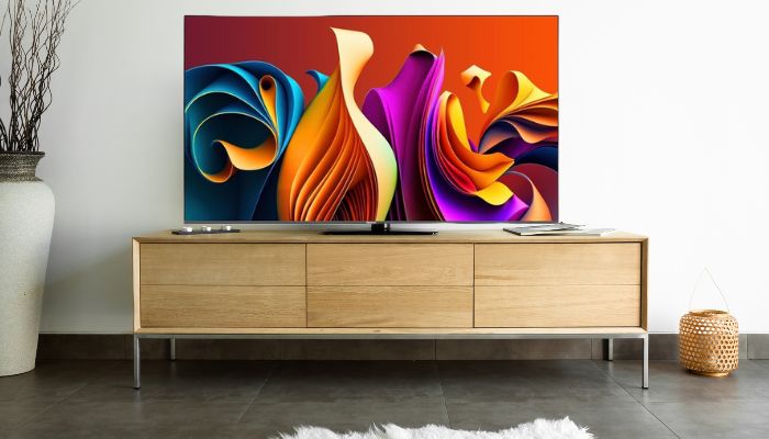 Moderner Fernseher steht auf einem Wohnzimmertisch